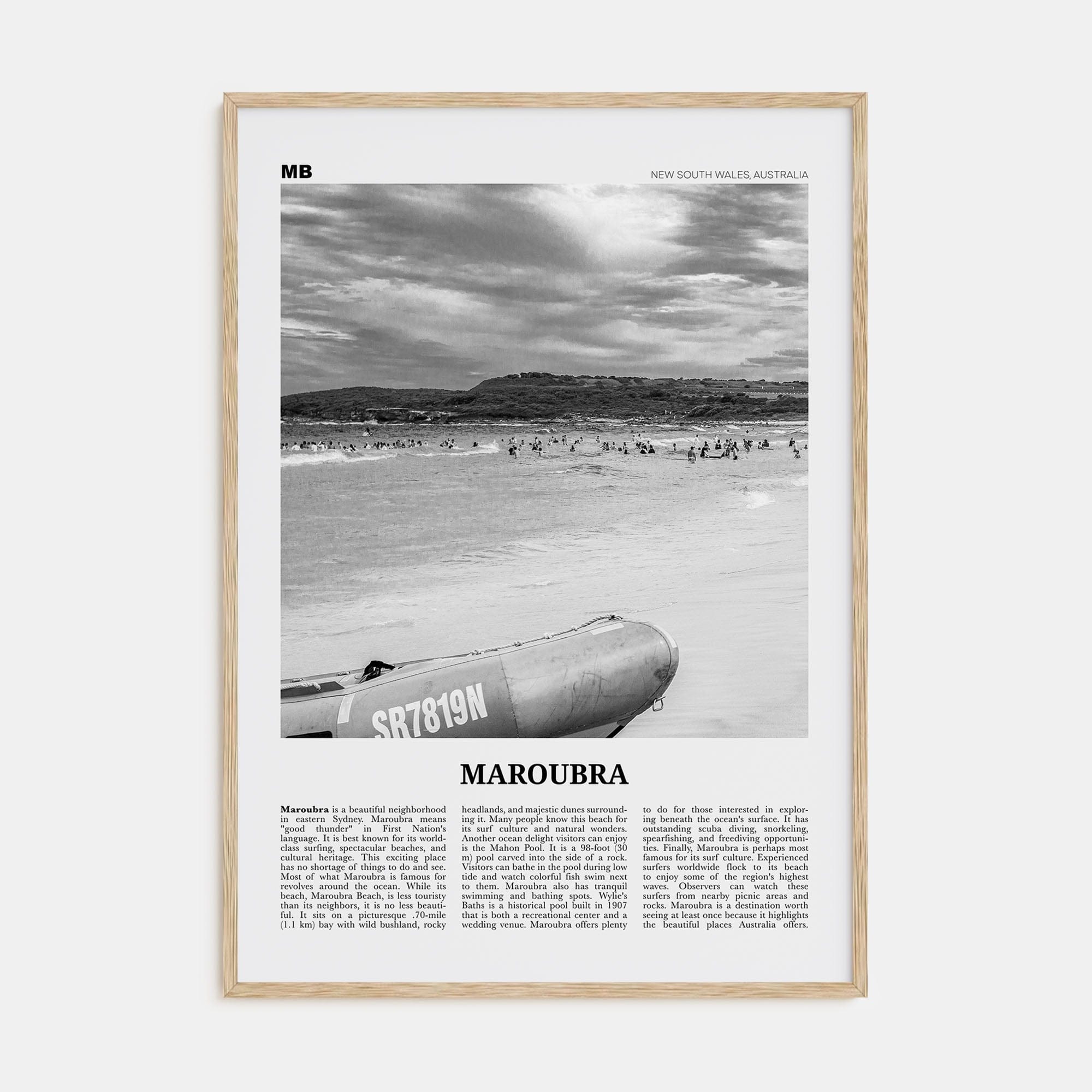 Maroubra Poster Natural Wood / 8x12 in Nbourhood Travel B&W Poster