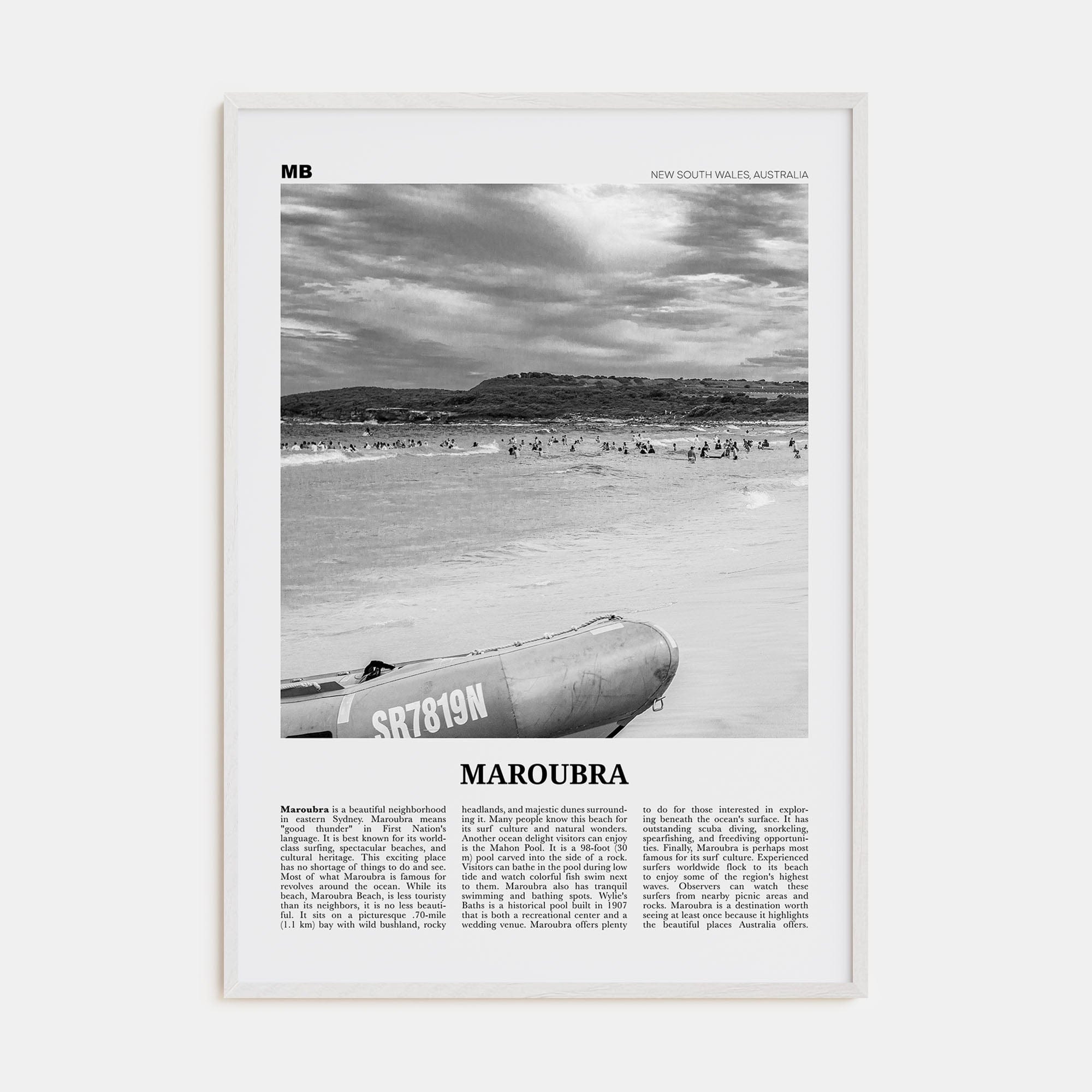 Maroubra Poster White Wood / 8x12 in Nbourhood Travel B&W Poster