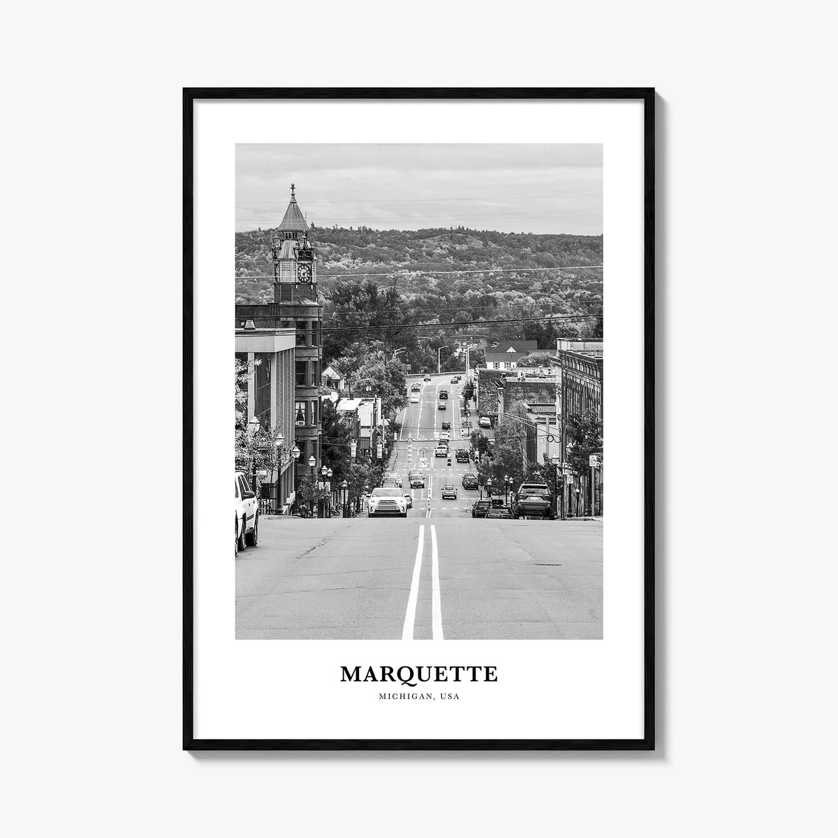 Marquette black & white classic poster of Michigan, USA – vertical wall art, unframed print shown in interior mockup