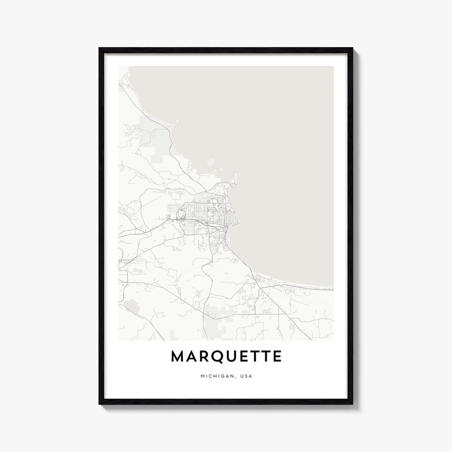 Marquette black & white map poster of Michigan, USA – vertical wall art, unframed print shown in interior mockup