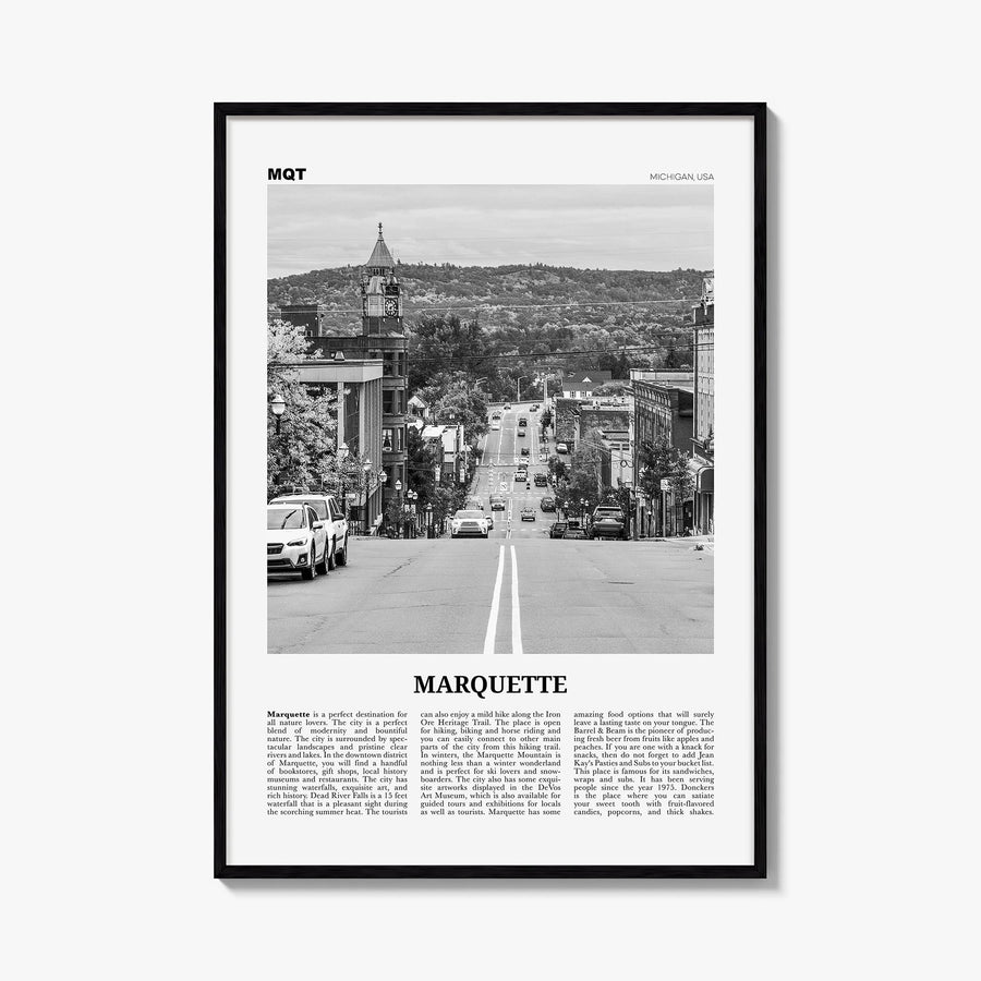 Marquette black & white newspaper poster of Michigan, USA – vertical wall art, unframed print shown in interior mockup