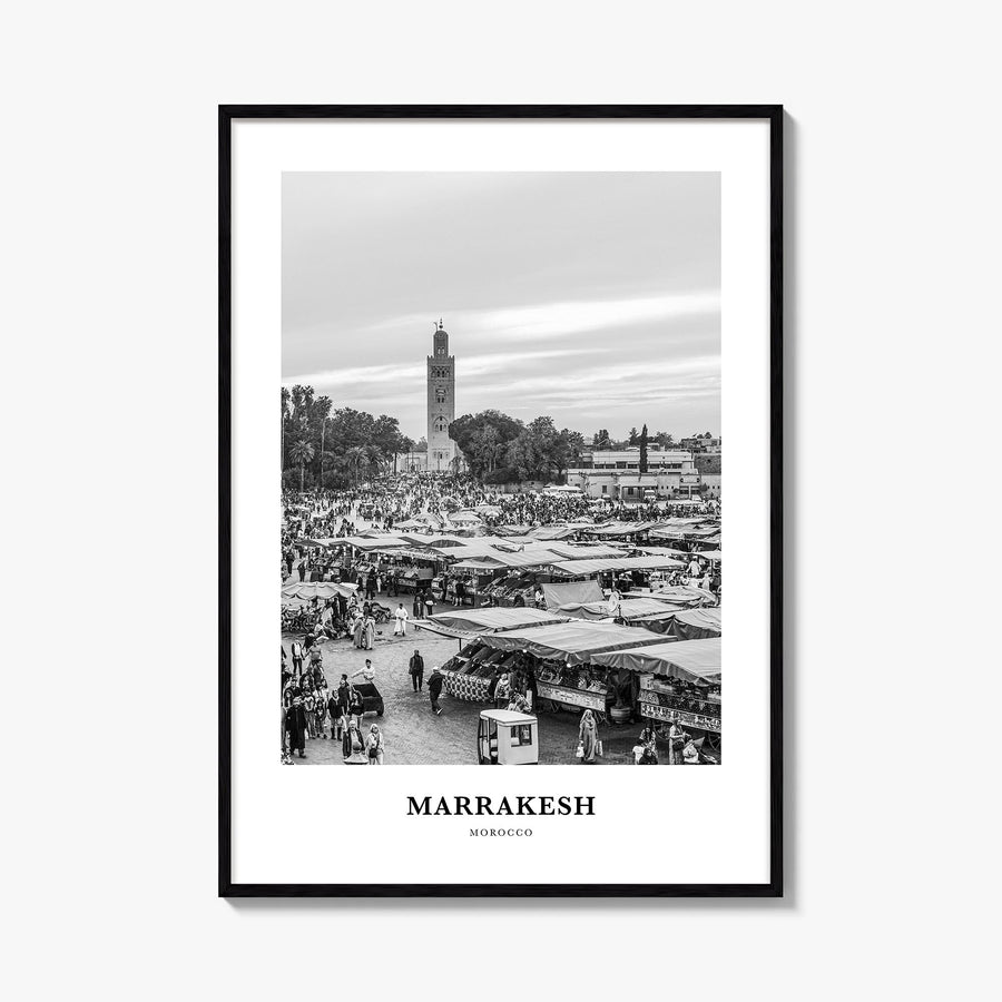 Marrakesh black & white classic poster of Morocco – vertical wall art, unframed print shown in interior mockup