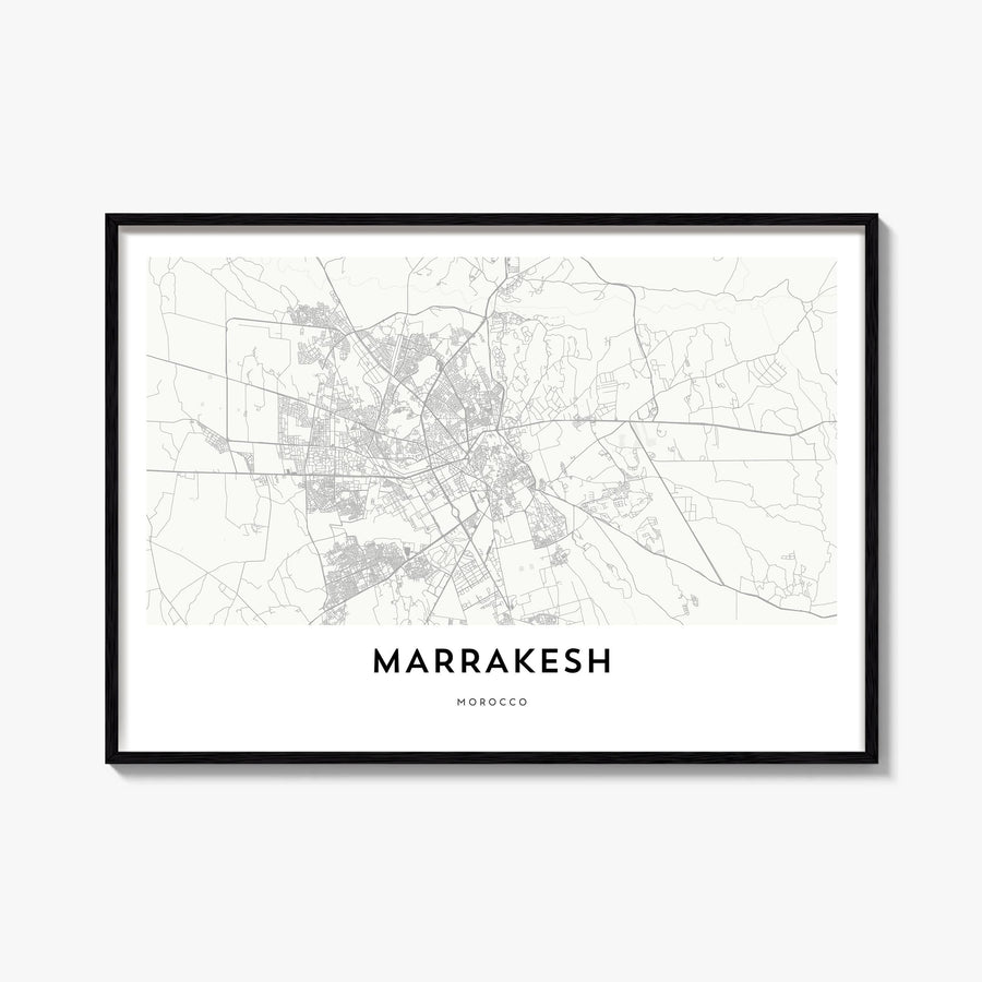 Marrakesh black & white map poster of Morocco – horizontal wall art, unframed print shown in interior mockup