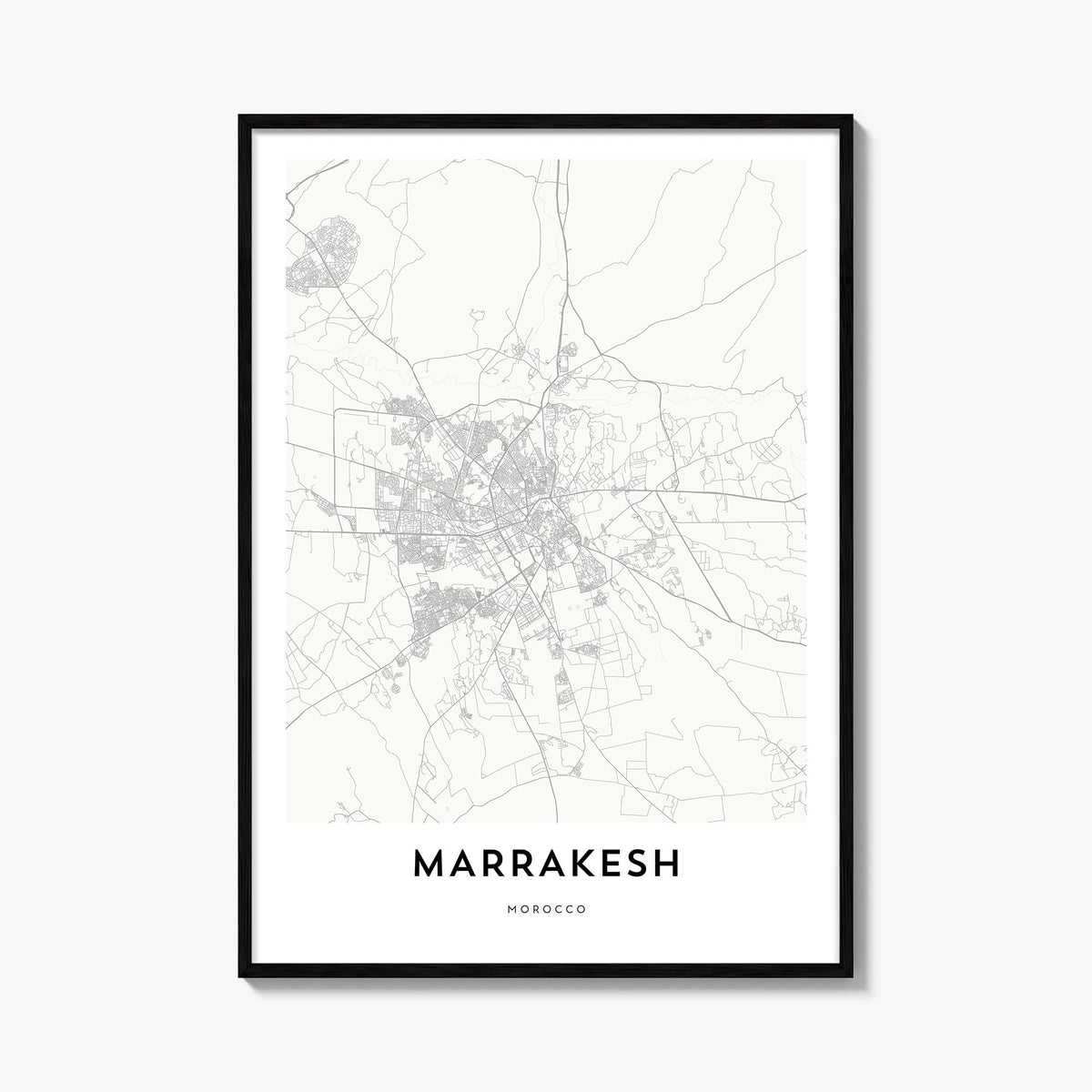 Marrakesh black & white map poster of Morocco – vertical wall art, unframed print shown in interior mockup