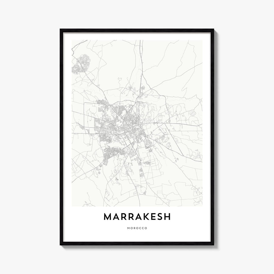 Marrakesh black & white map poster of Morocco – vertical wall art, unframed print shown in interior mockup