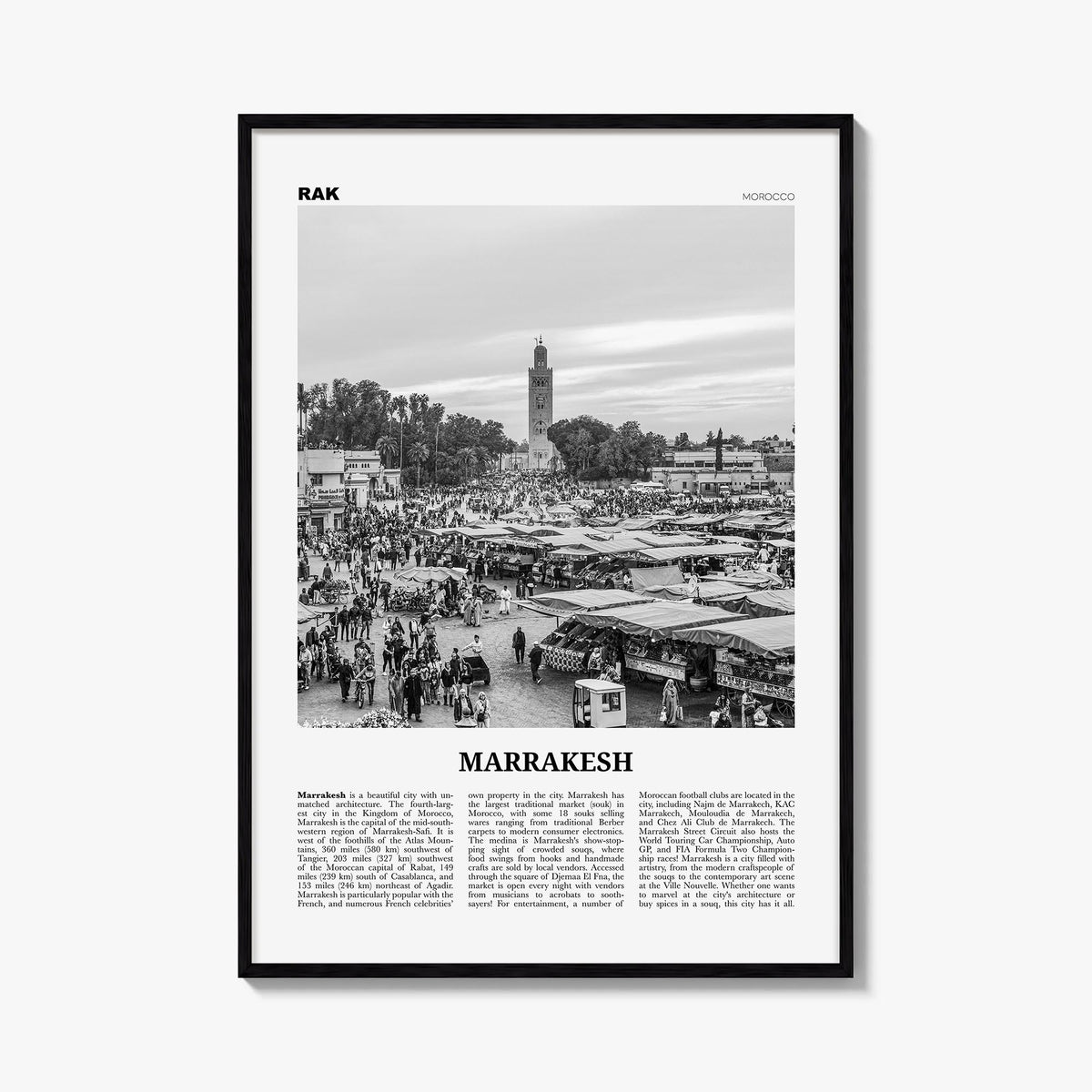 Marrakesh black & white newspaper poster of Morocco – vertical wall art, unframed print shown in interior mockup