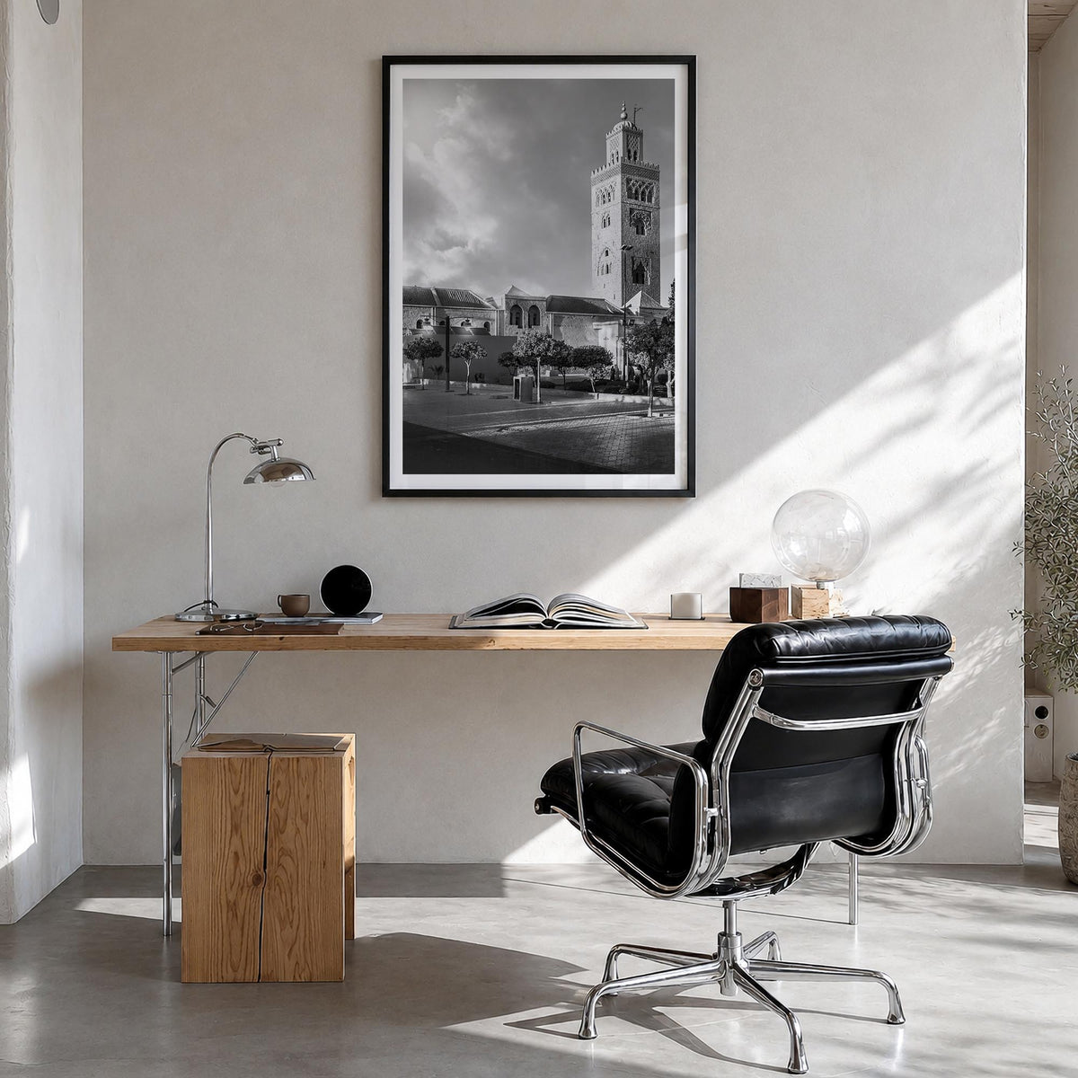 Marrakesh black & white photo poster of Morocco – vertical wall art in black wood frame with white border, hanging on wall