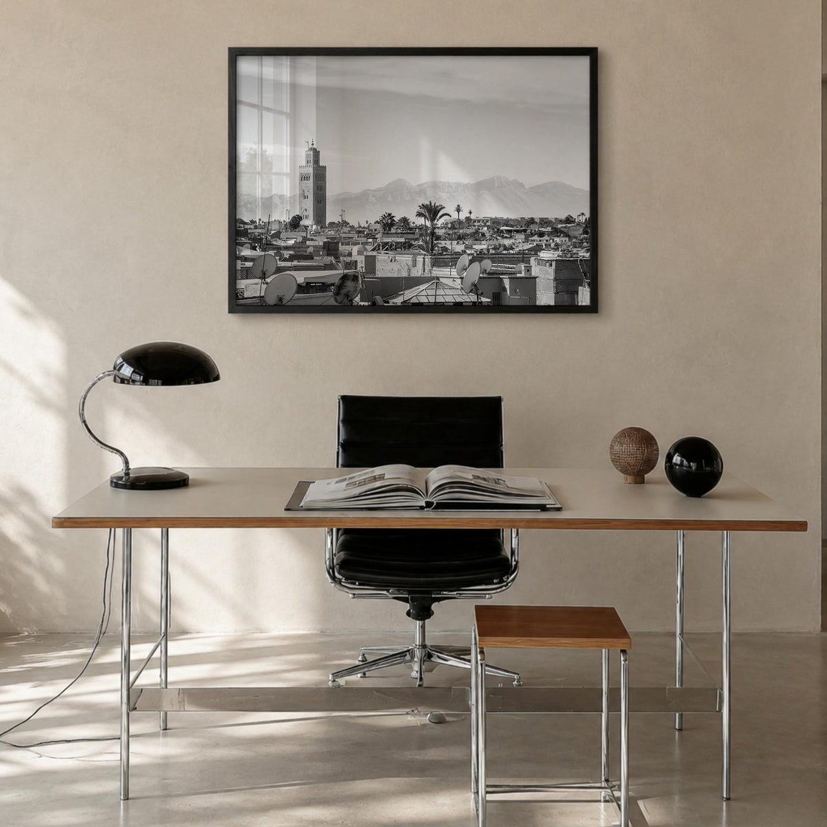 Marrakesh black & white photo poster of Morocco – horizontal wall art in black wood frame, hanging on wall