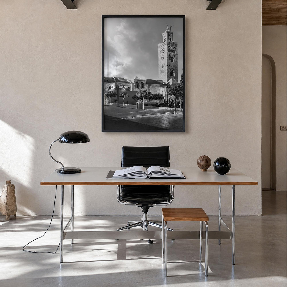 Marrakesh black & white photo poster of Morocco – vertical wall art in black wood frame, hanging on wall