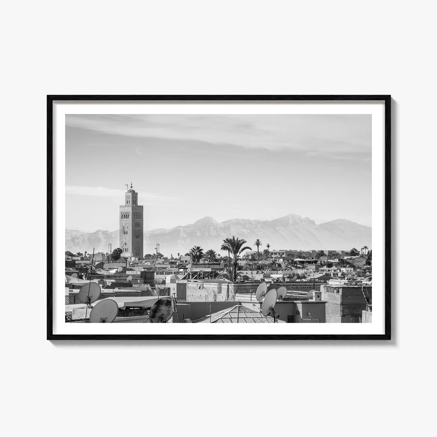 Marrakesh black & white photo poster of Morocco – horizontal wall art, unframed print shown in interior mockup