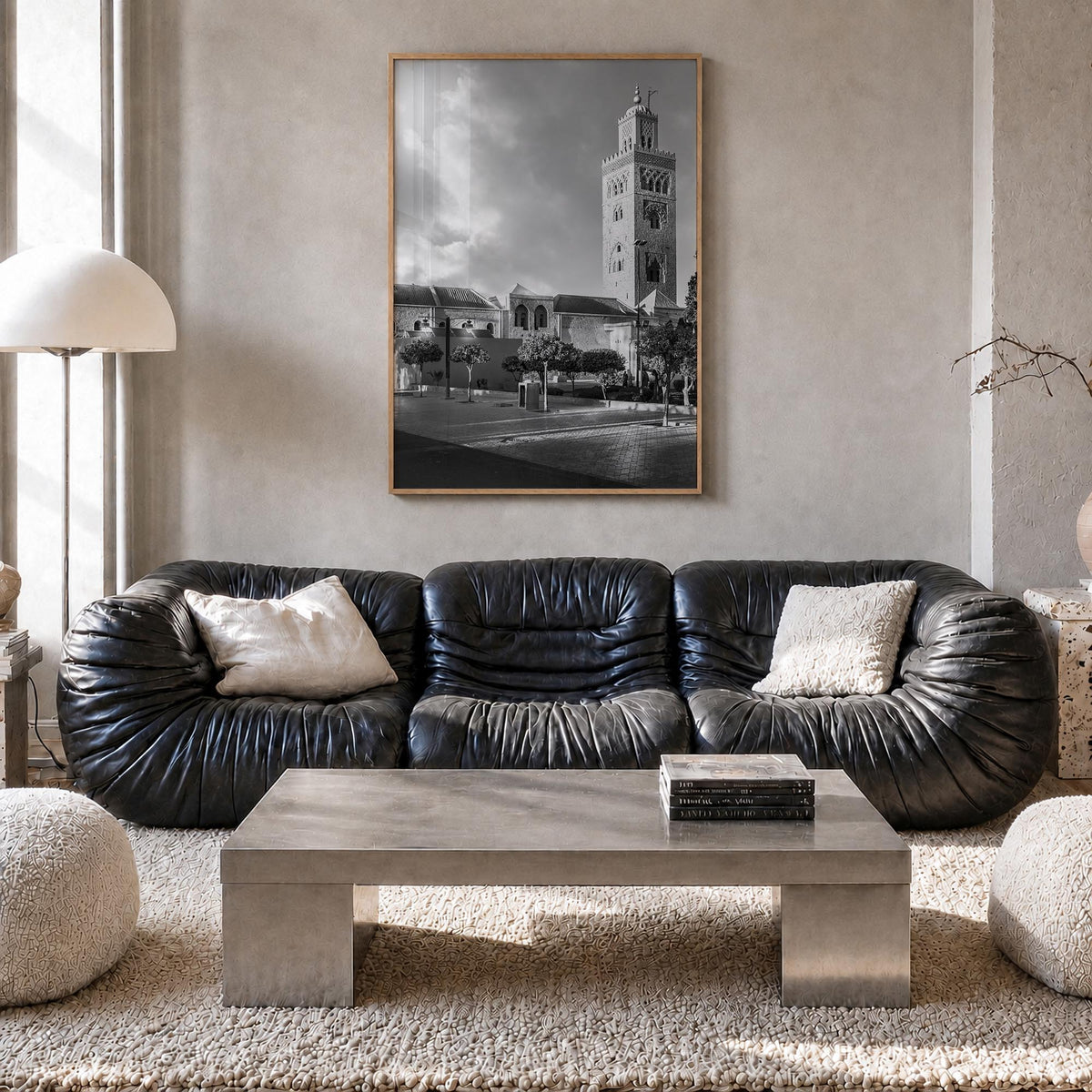 Marrakesh black & white photo poster of Morocco – vertical wall art in natural wood frame, hanging on wall