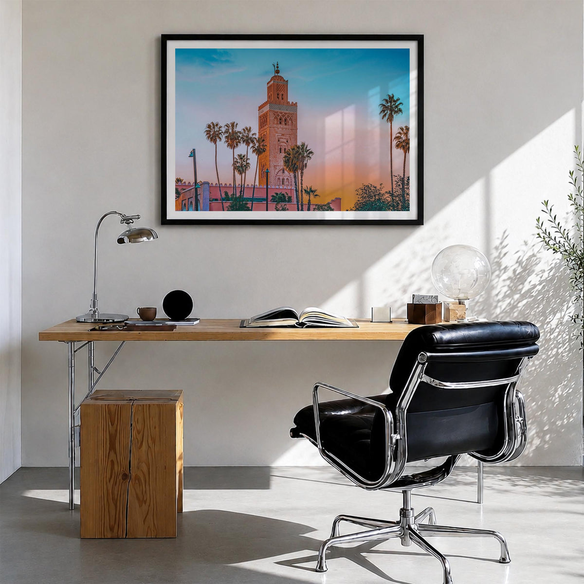 Marrakesh colorful photo poster of Morocco – horizontal wall art in black wood frame with white border, hanging on wall