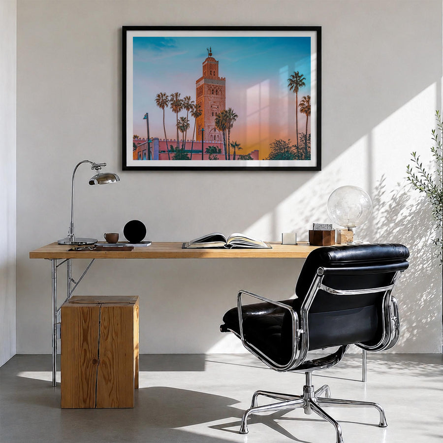 Marrakesh colorful photo poster of Morocco – horizontal wall art in black wood frame with white border, hanging on wall