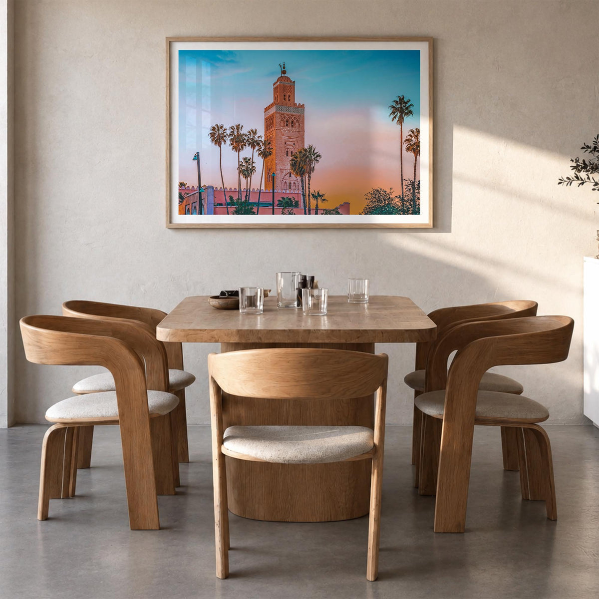 Marrakesh colorful photo poster of Morocco – horizontal wall art in natural wood frame with white border, hanging on wall