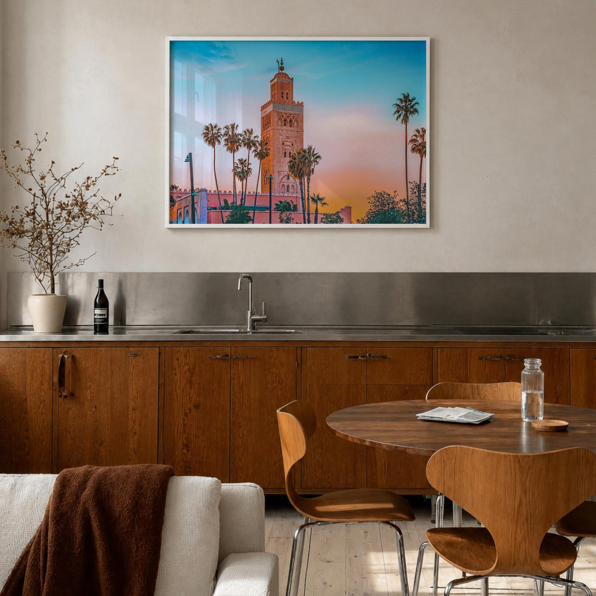 Marrakesh colorful photo poster of Morocco – horizontal wall art in white wood frame, hanging on wall