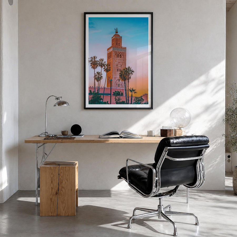 Marrakesh no. 1 colorful photo poster of Morocco – vertical wall art in black wood frame with white border, hanging on wall