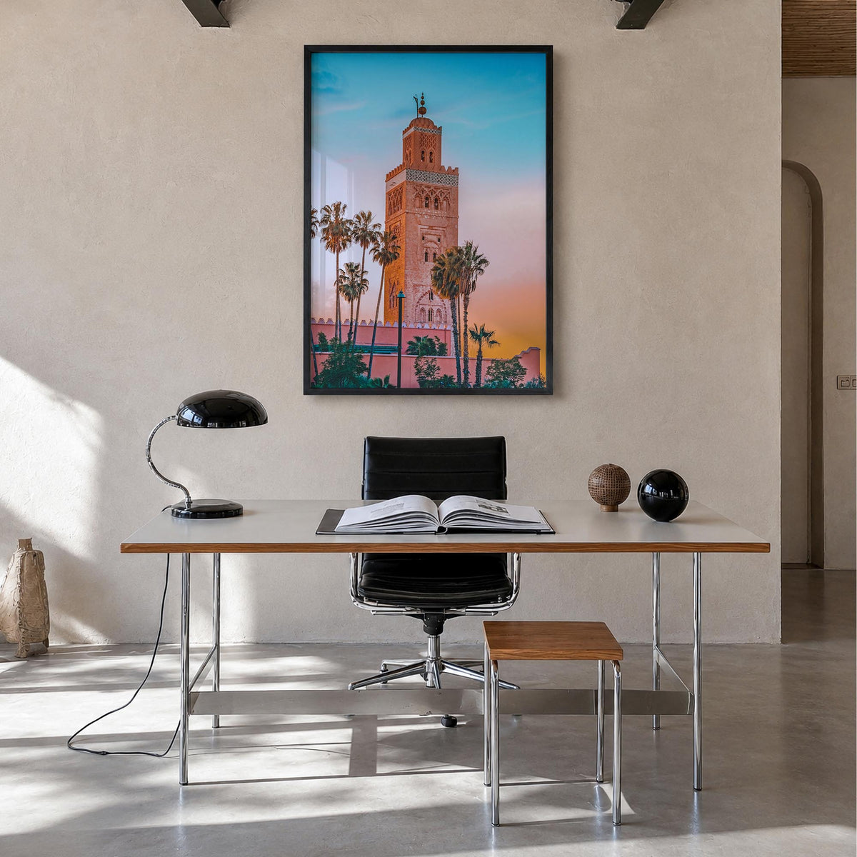 Marrakesh no. 1 colorful photo poster of Morocco – vertical wall art in black wood frame, hanging on wall