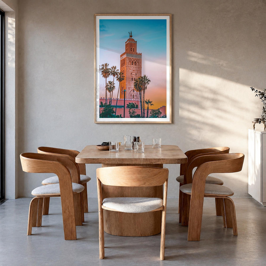 Marrakesh no. 1 colorful photo poster of Morocco – vertical wall art in natural wood frame with white border, hanging on wall