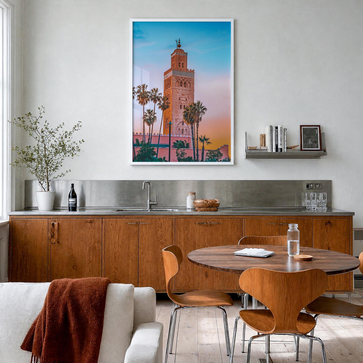 Marrakesh no. 1 colorful photo poster of Morocco – vertical wall art in white wood frame, hanging on wall