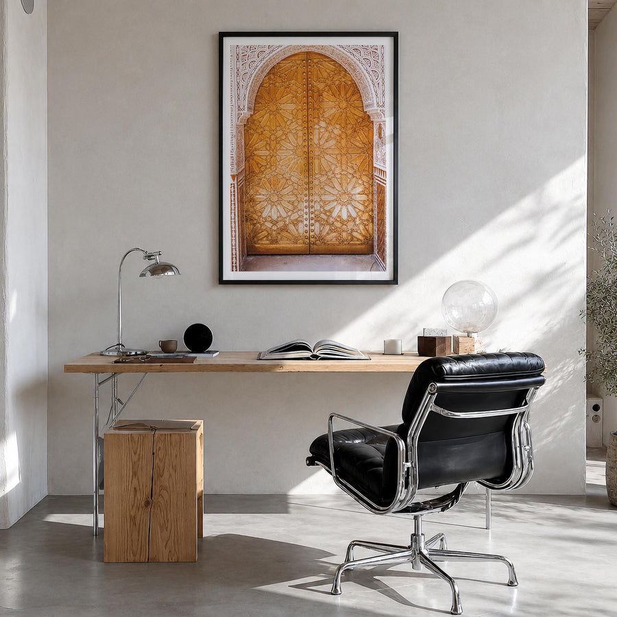 Marrakesh no. 2 colorful photo poster of Morocco – vertical wall art in black wood frame with white border, hanging on wall
