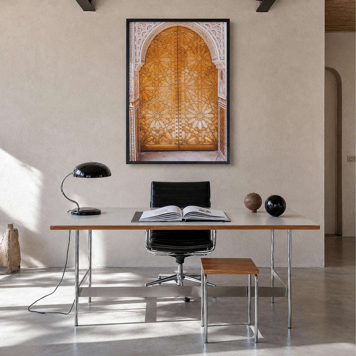 Marrakesh no. 2 colorful photo poster of Morocco – vertical wall art in black wood frame, hanging on wall