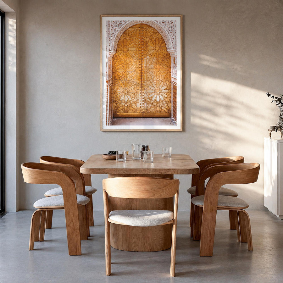 Marrakesh no. 2 colorful photo poster of Morocco – vertical wall art in natural wood frame with white border, hanging on wall