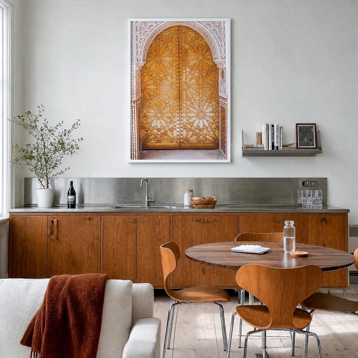 Marrakesh no. 2 colorful photo poster of Morocco – vertical wall art in white wood frame, hanging on wall