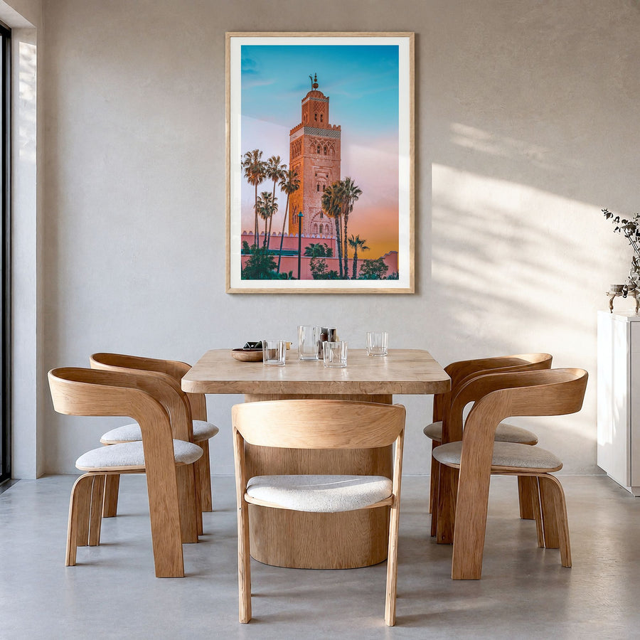 Marrakesh Photo No 1 Poster in a natural wood frame, hanging in a dining room, white border