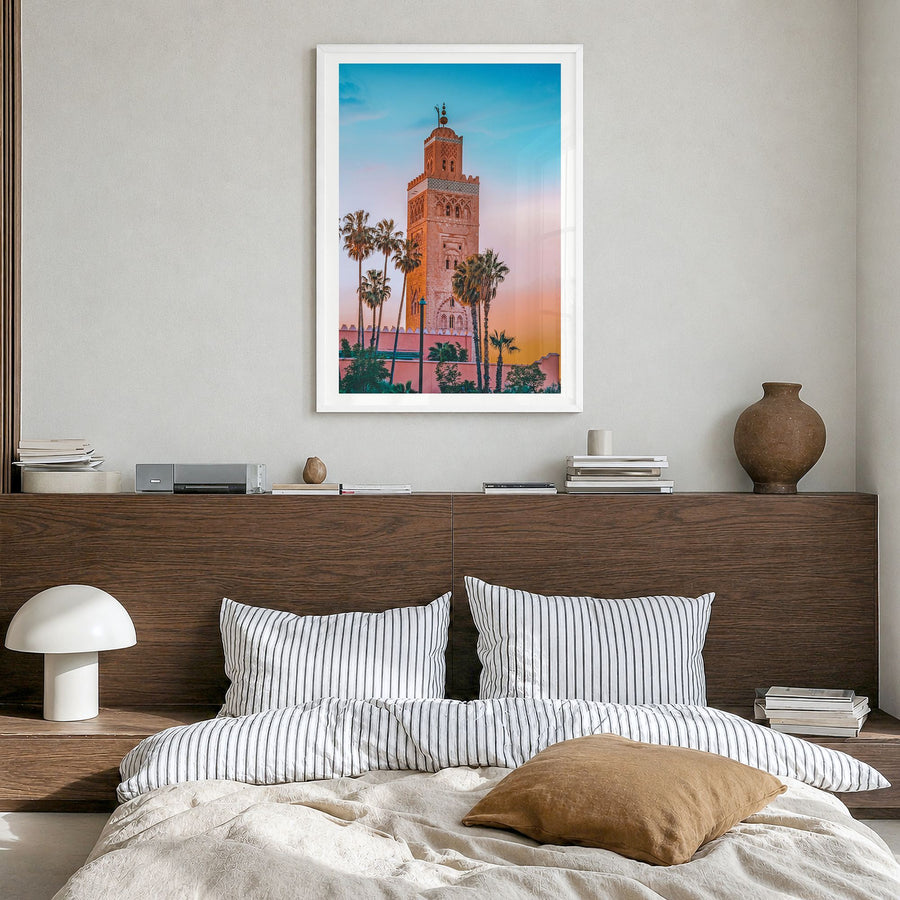 Marrakesh Photo No 1 Poster in a white wood frame, hanging in a bedroom, white border