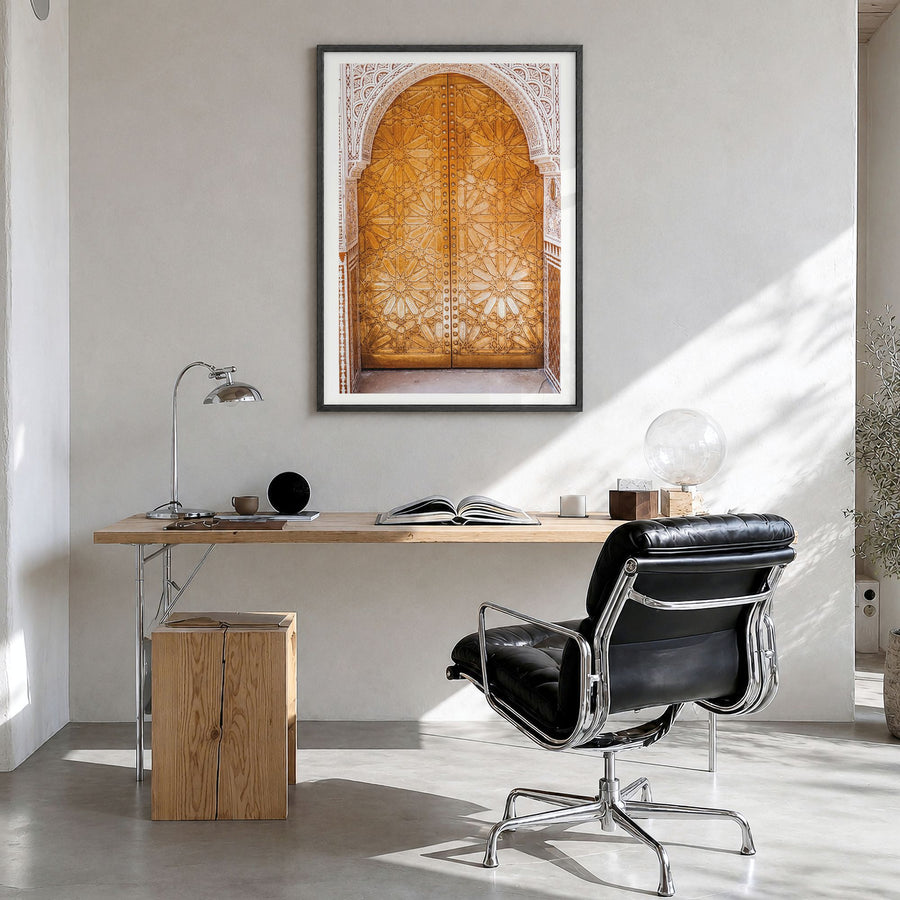 Marrakesh Photo No 2 Poster in a black wood frame, hanging in a bright home office, white border