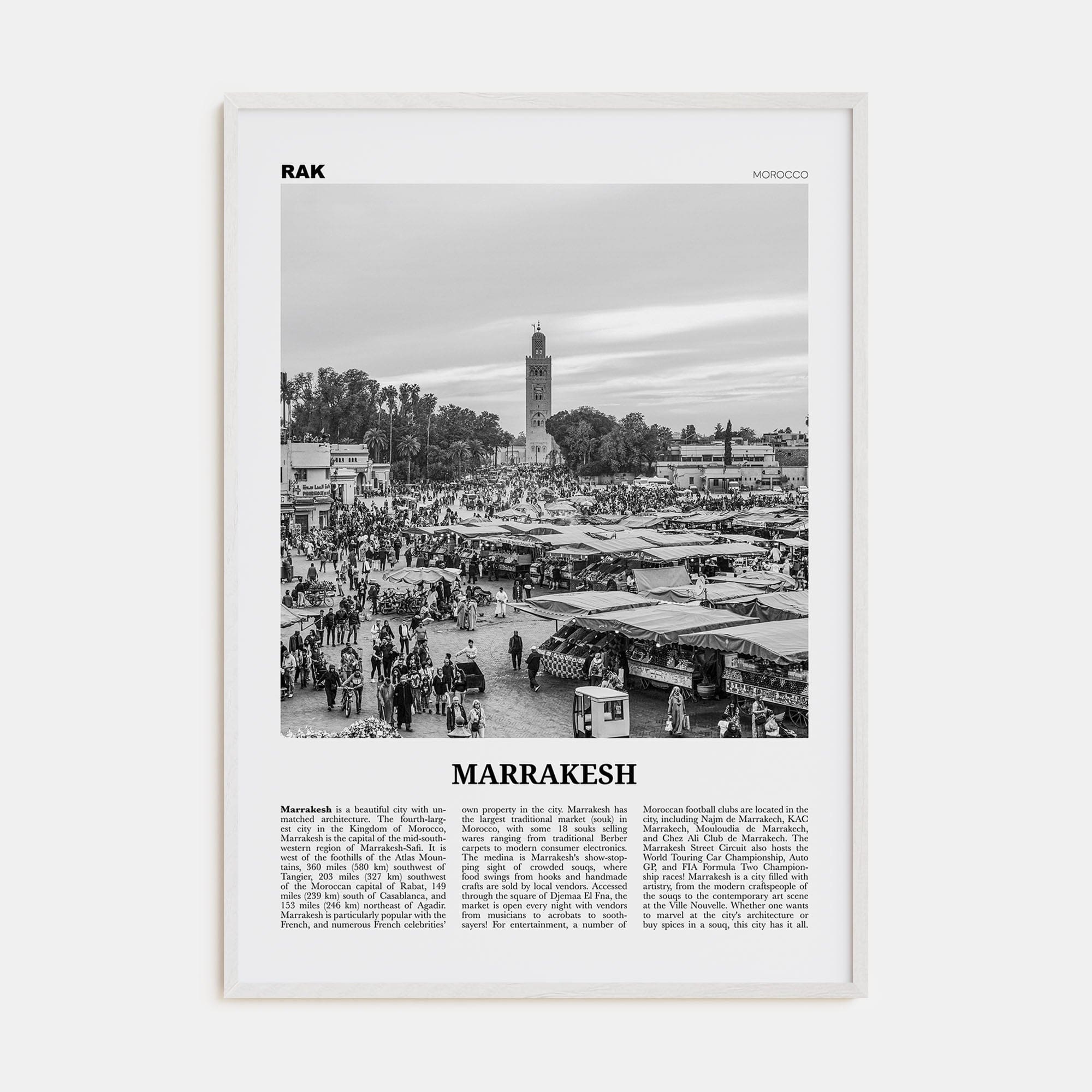 Marrakesh Poster White Wood / 8x12 in Nbourhood Travel B&W Poster