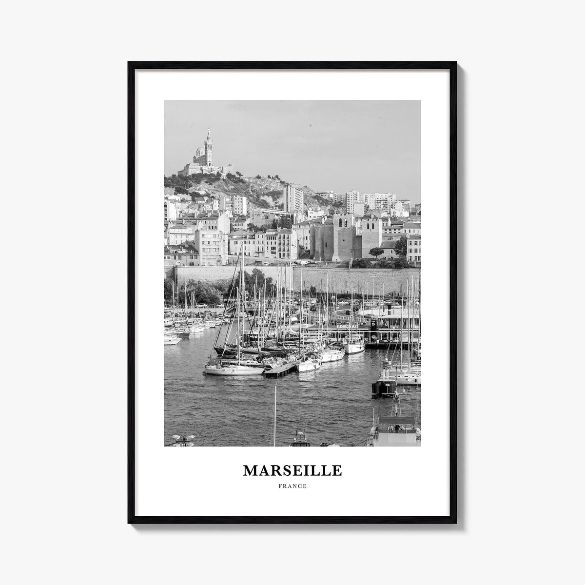 Marseille black & white classic poster of France – vertical wall art, unframed print shown in interior mockup