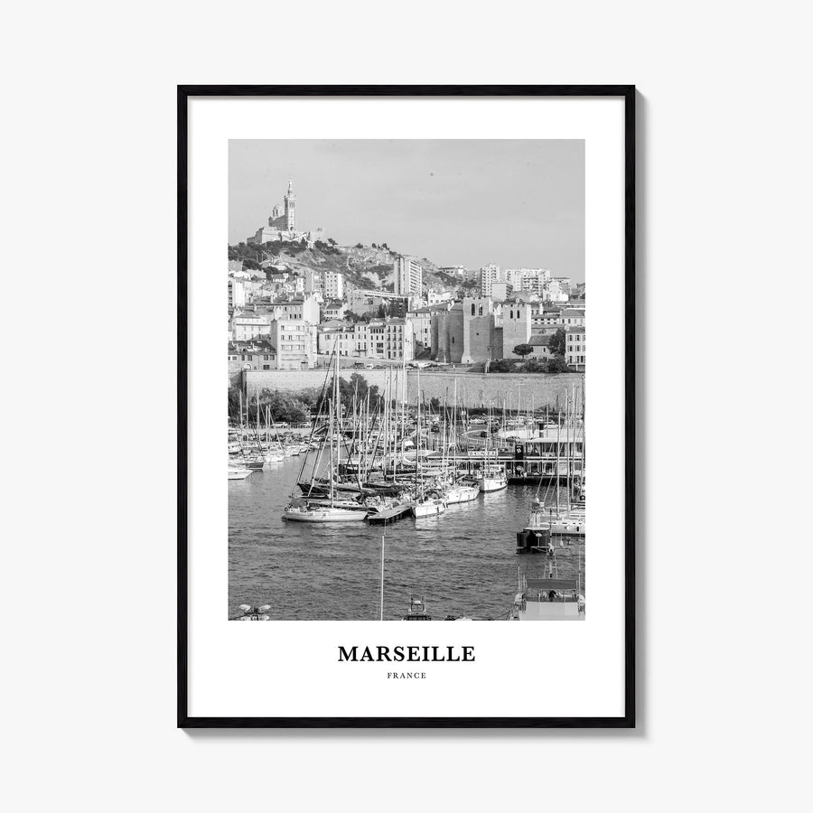 Marseille black & white classic poster of France – vertical wall art, unframed print shown in interior mockup