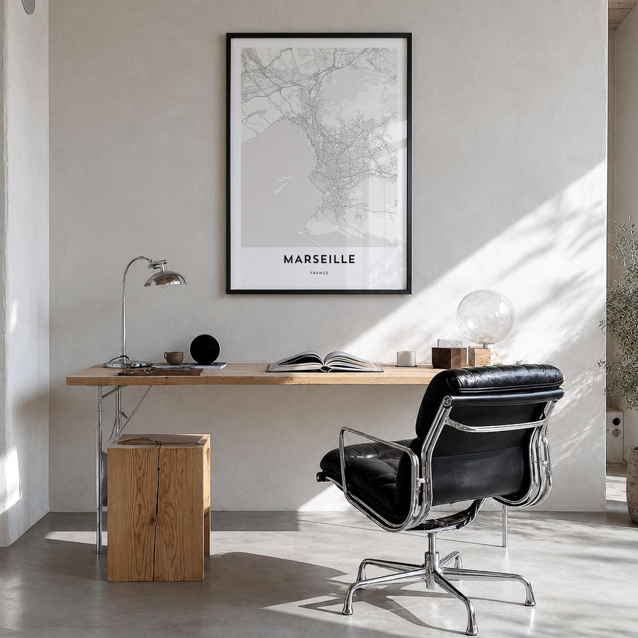 Marseille black & white map poster of France – vertical wall art in black wood frame, hanging on wall