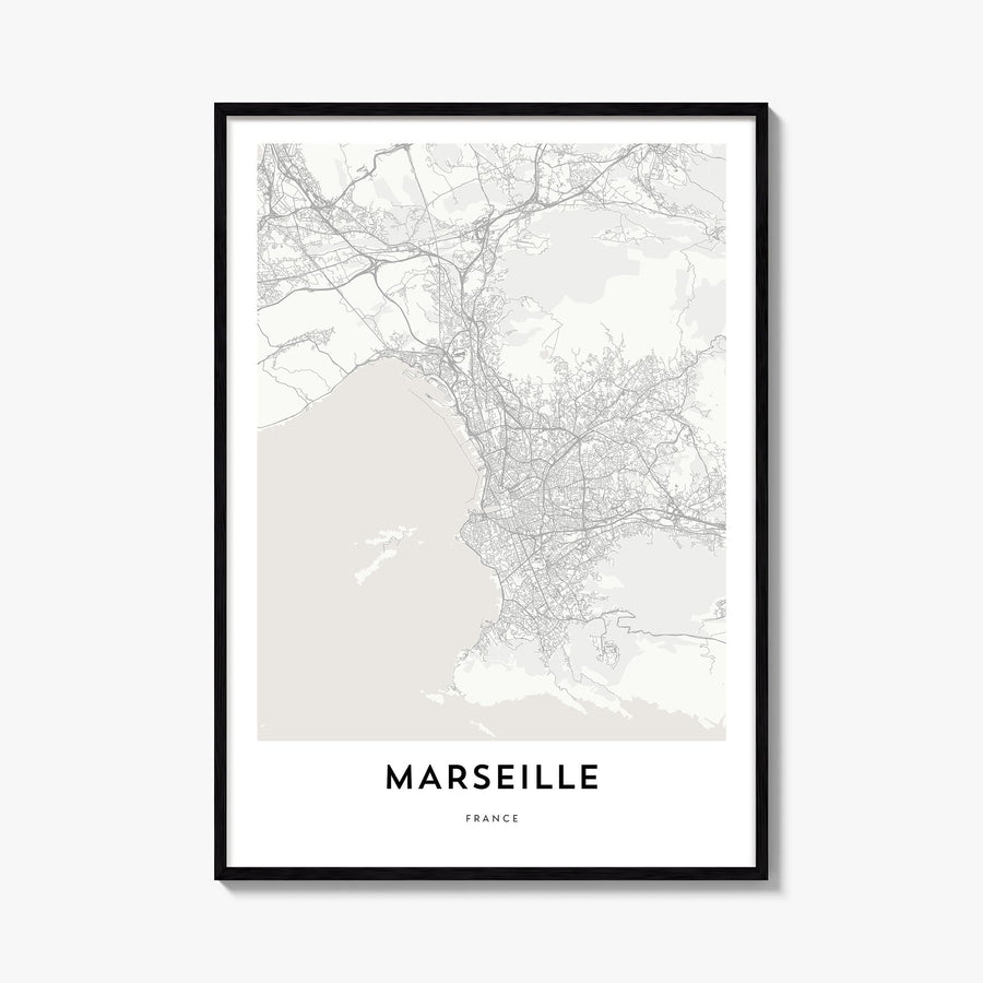 Marseille black & white map poster of France – vertical wall art, unframed print shown in interior mockup