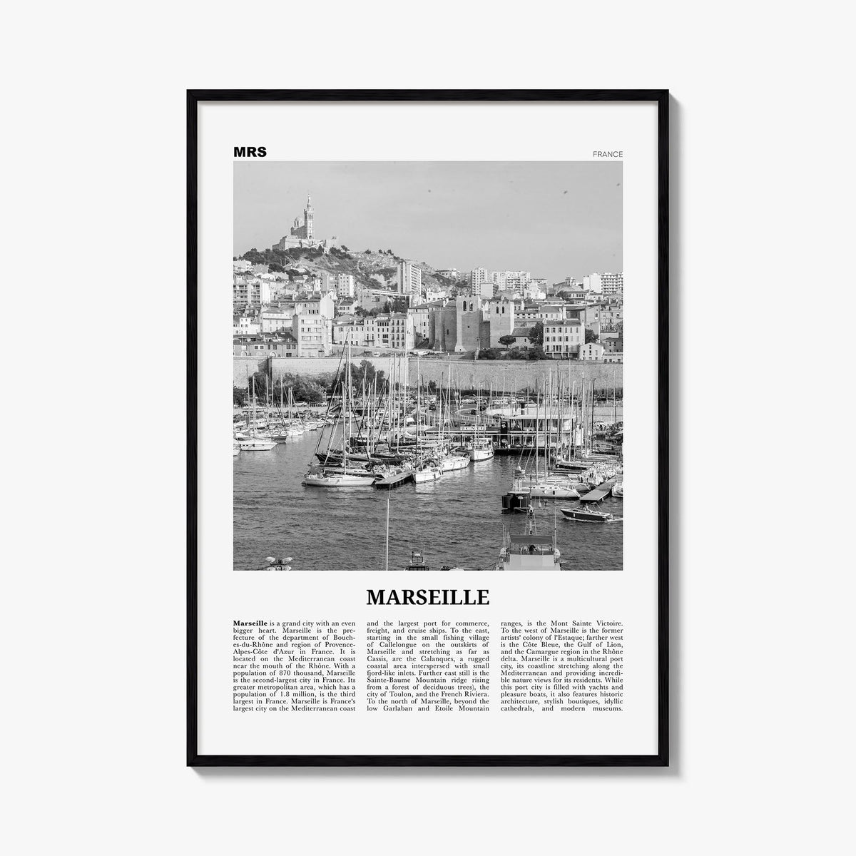 Marseille black & white newspaper poster of France – vertical wall art, unframed print shown in interior mockup