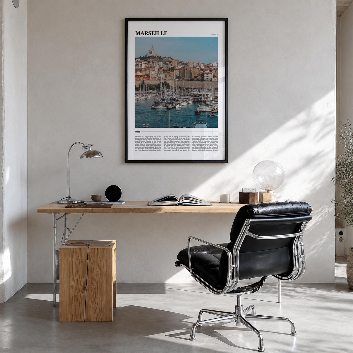 Marseille colorful travel poster of France – vertical wall art in black wood frame, hanging on wall