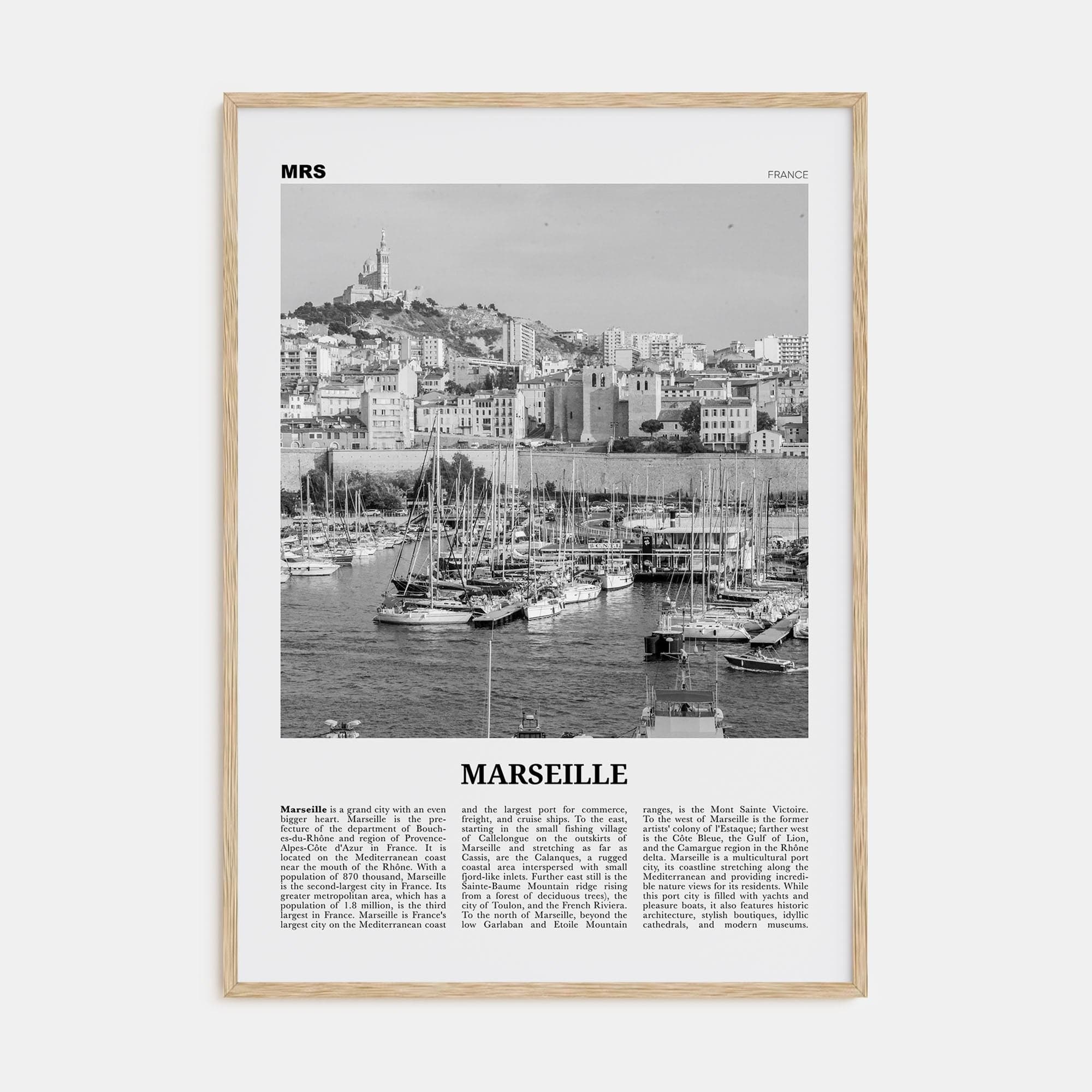 Marseille Poster Natural Wood / 8x12 in Nbourhood Travel B&W Poster