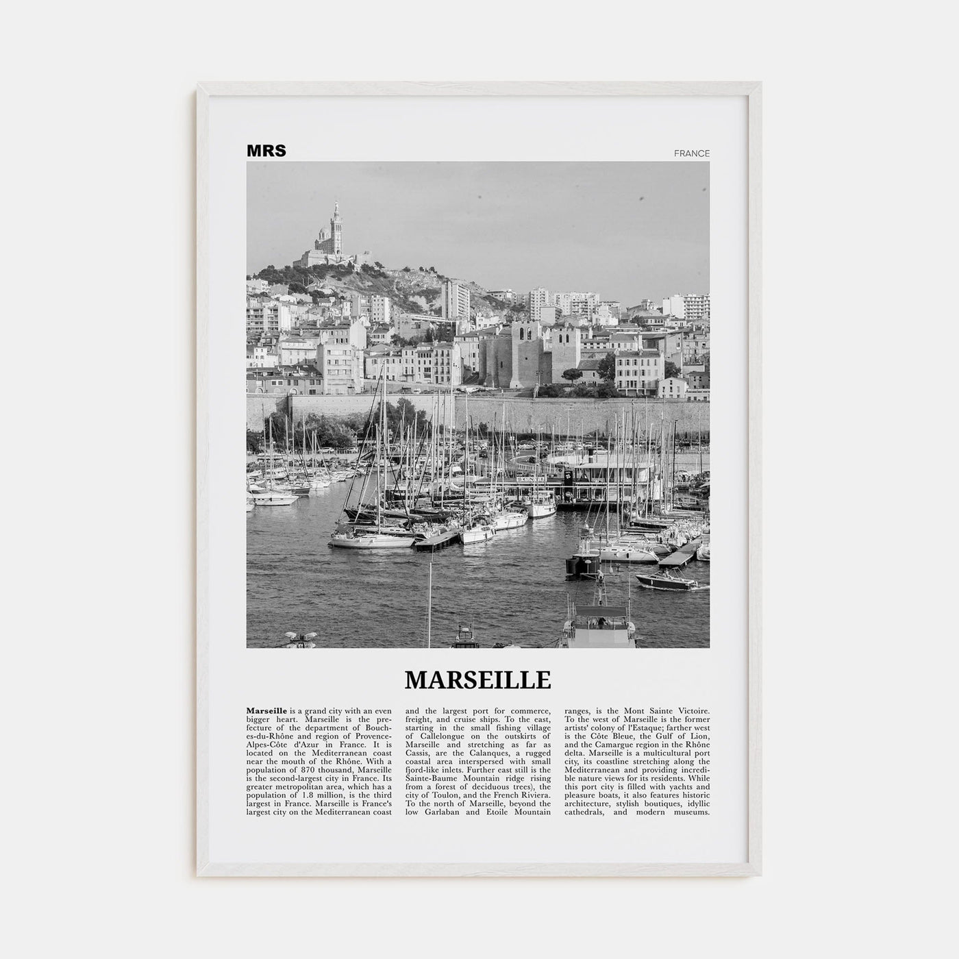 Marseille Poster White Wood / 8x12 in Nbourhood Travel B&W Poster