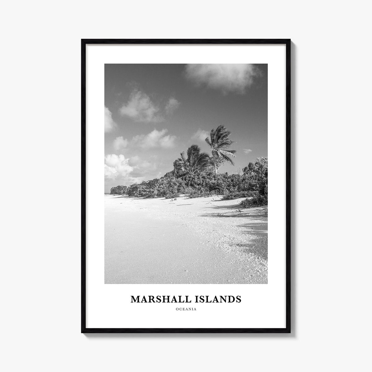 Marshall Islands black & white classic poster of Oceania – vertical wall art, unframed print shown in interior mockup
