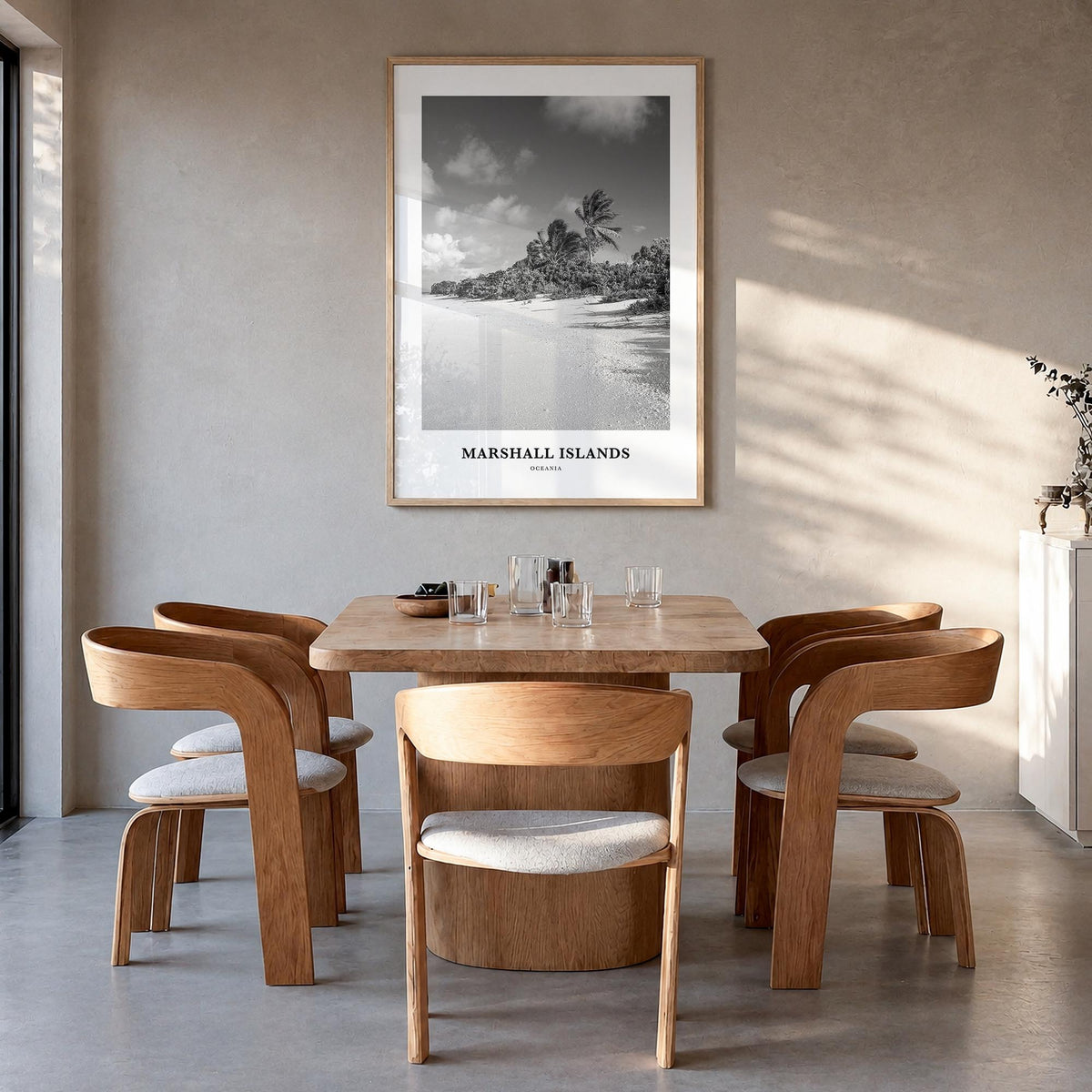 Marshall Islands black & white classic poster of Oceania – vertical wall art in natural wood frame, hanging on wall