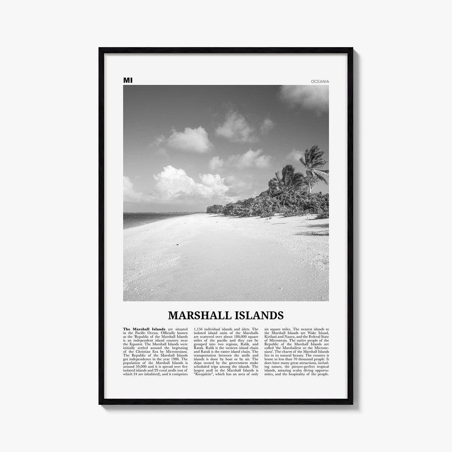 Marshall Islands black & white newspaper poster of Oceania – vertical wall art, unframed print shown in interior mockup