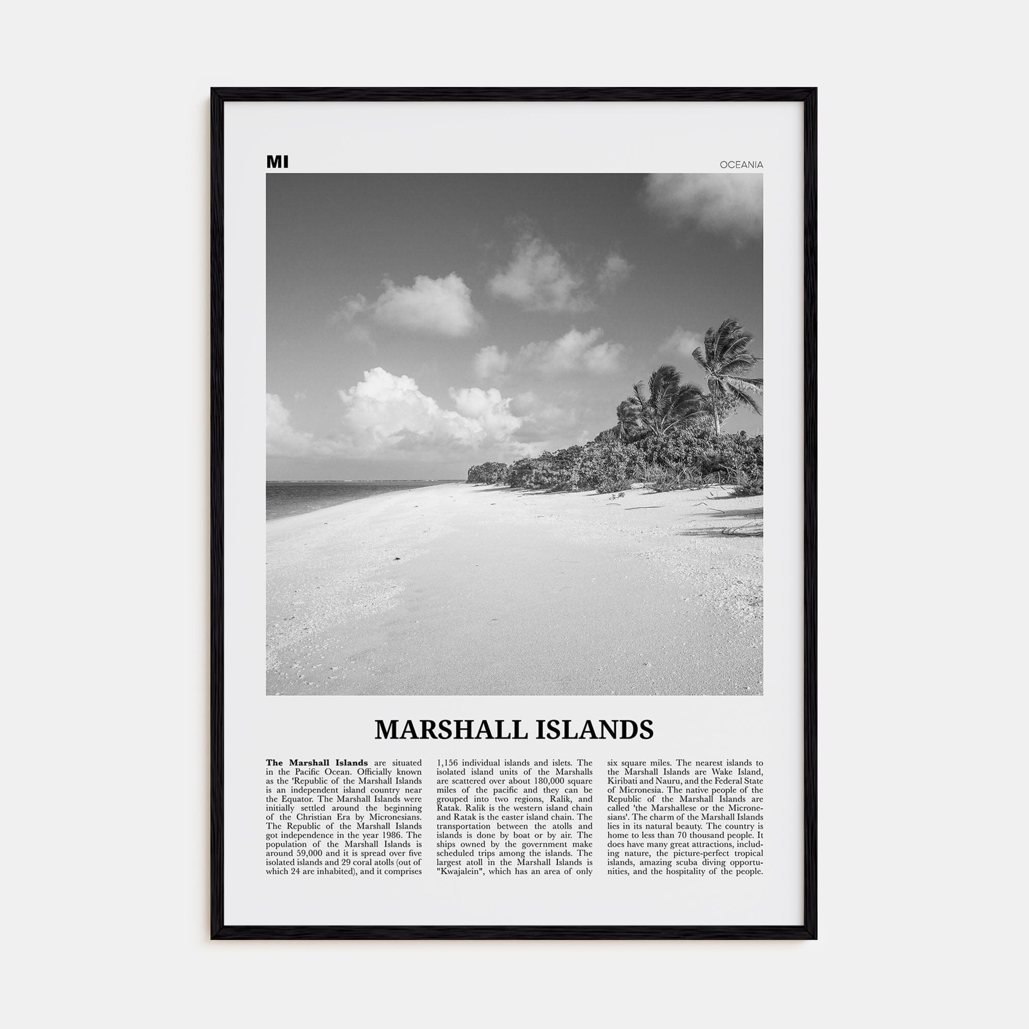 Marshall Islands Poster Black Wood / 8x12 in Nbourhood Travel B&W Poster