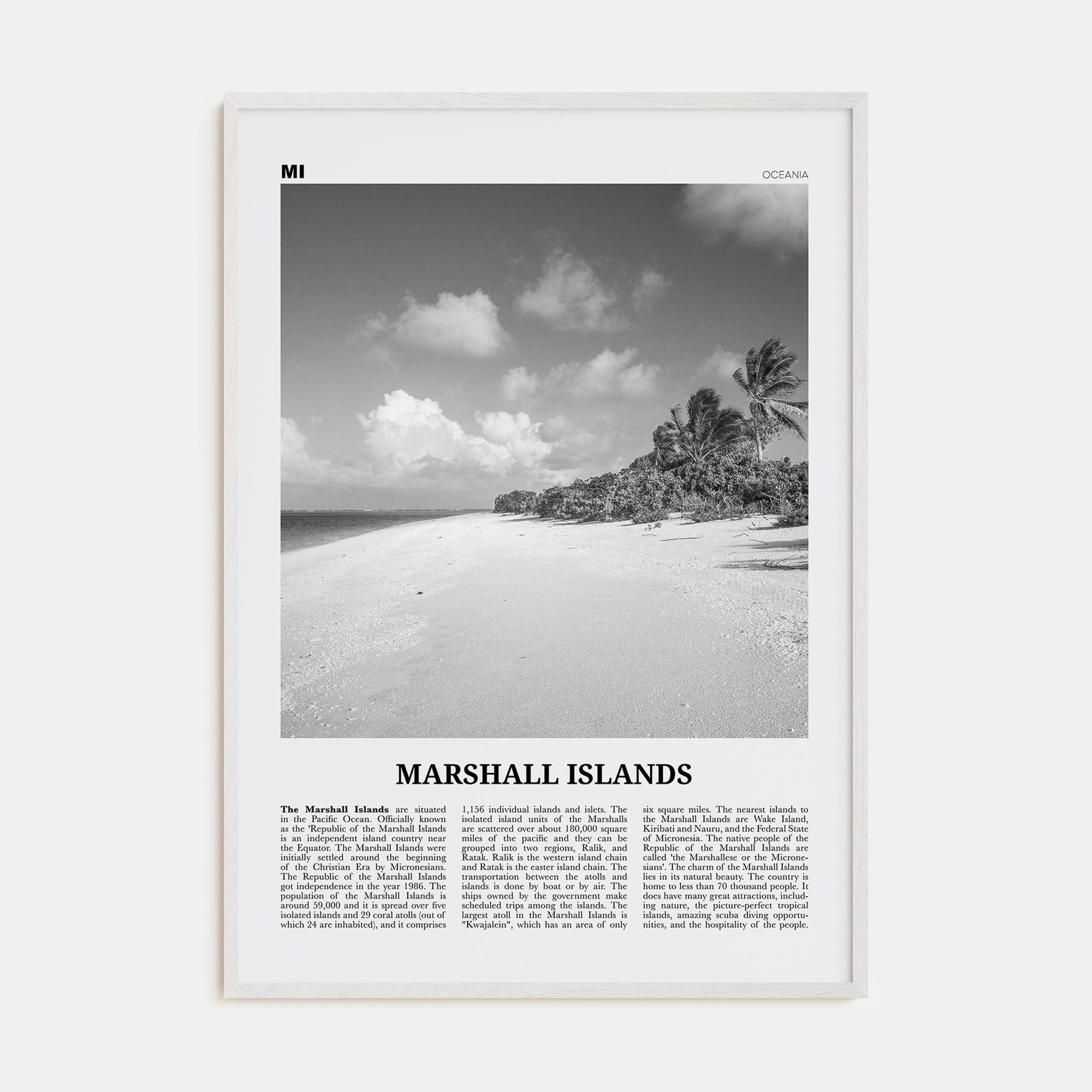 Marshall Islands Poster White Wood / 8x12 in Nbourhood Travel B&W Poster