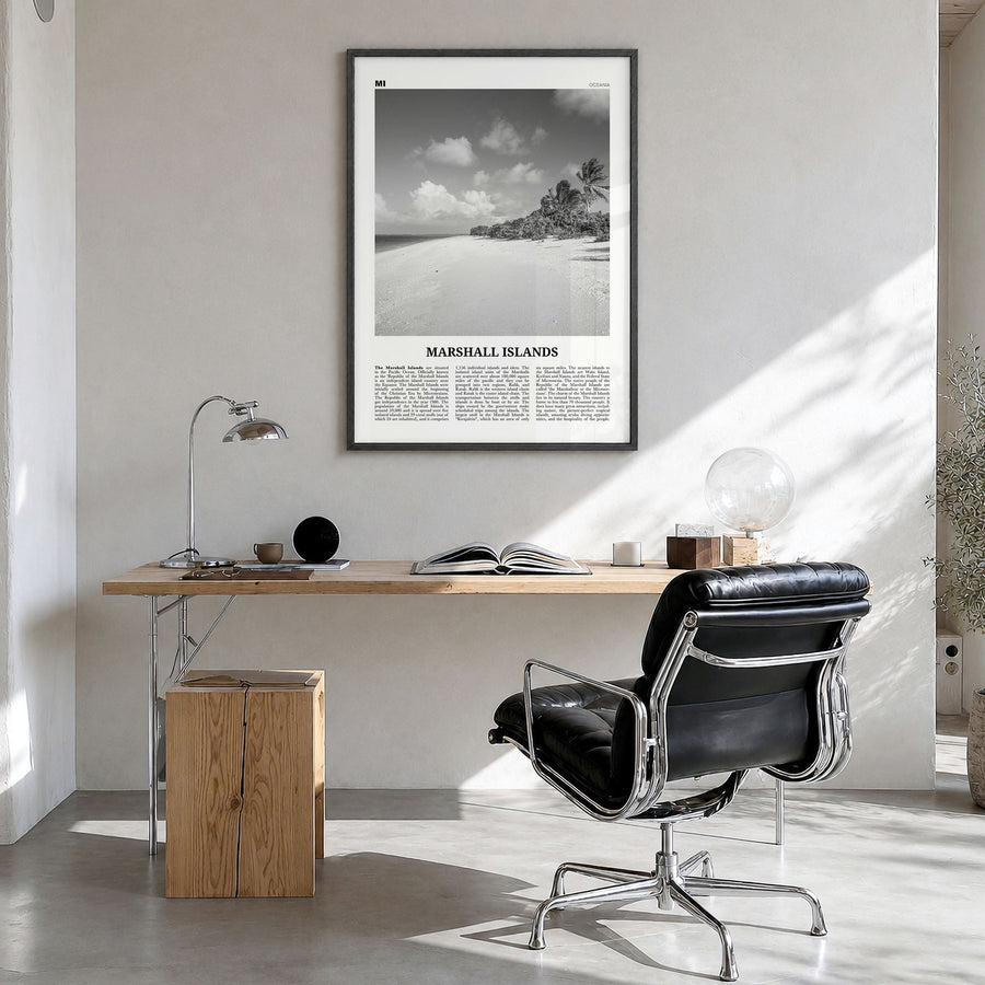 Marshall Islands Newspaper Poster in a black wood frame, hanging in a bright home office