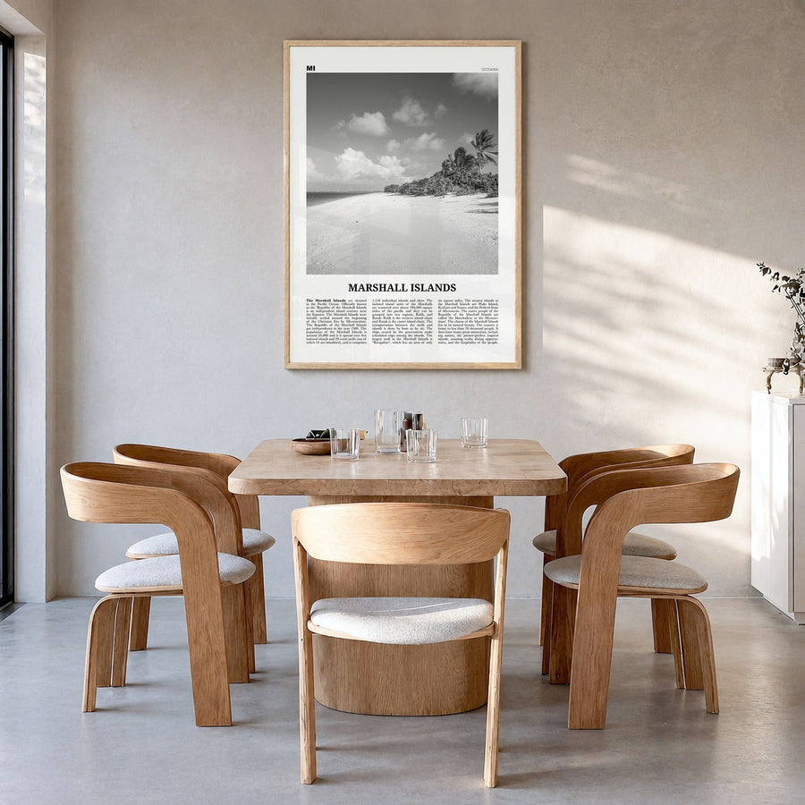 Marshall Islands Newspaper Poster in a natural wood frame, hanging in a dining room