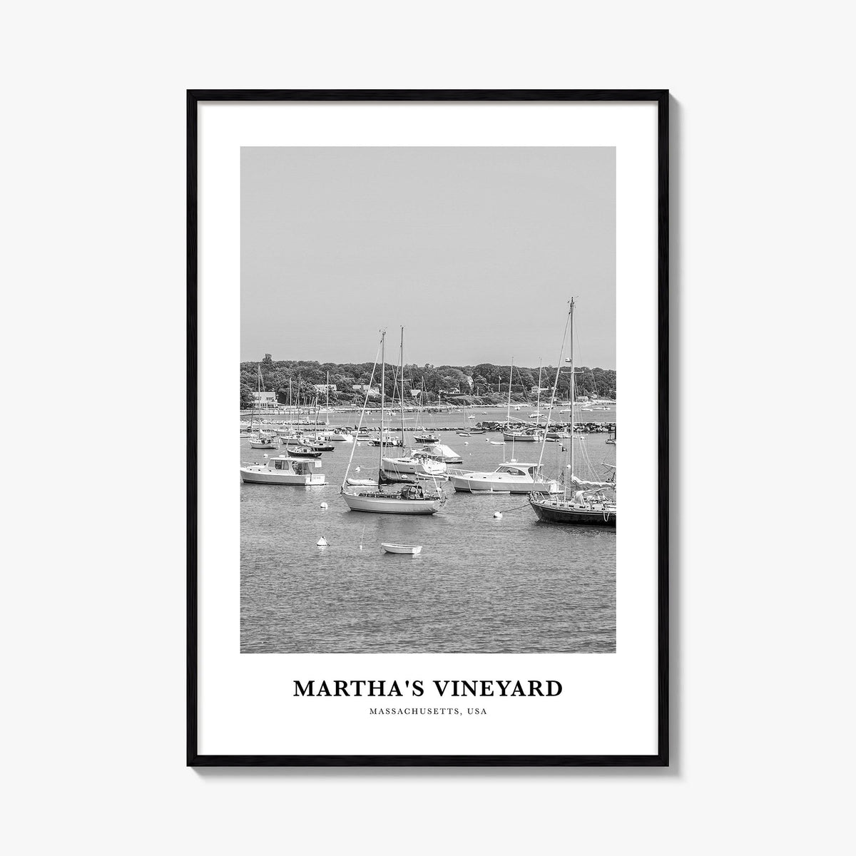 Martha's Vineyard black & white classic poster of Massachusetts, USA – vertical wall art, unframed print shown in interior mo