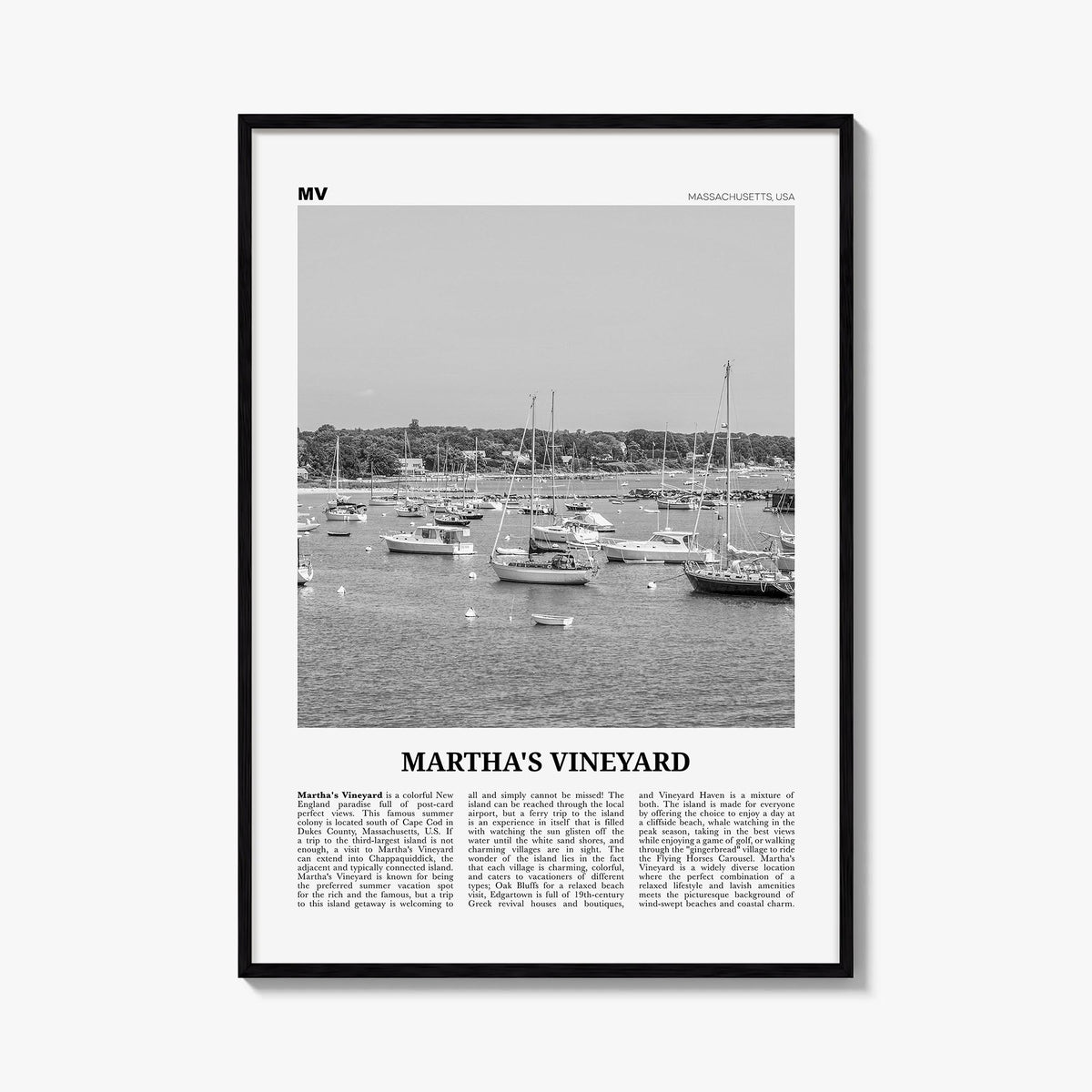 Martha's Vineyard black & white newspaper poster of Massachusetts, USA – vertical wall art, unframed print shown in interior 