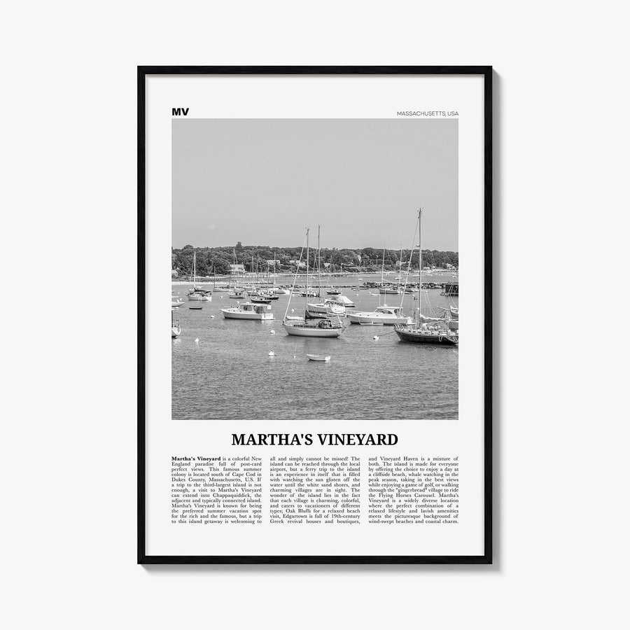 Martha's Vineyard black & white newspaper poster of Massachusetts, USA – vertical wall art, unframed print shown in interior 