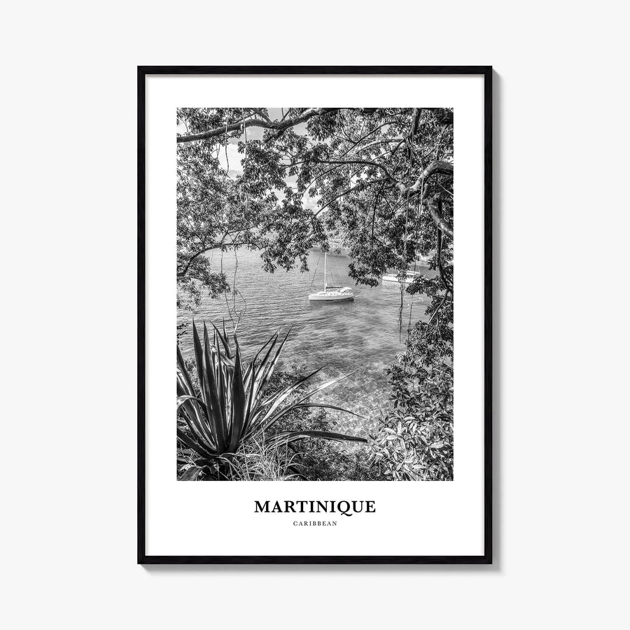 Martinique black & white classic poster of Caribbean – vertical wall art, unframed print shown in interior mockup